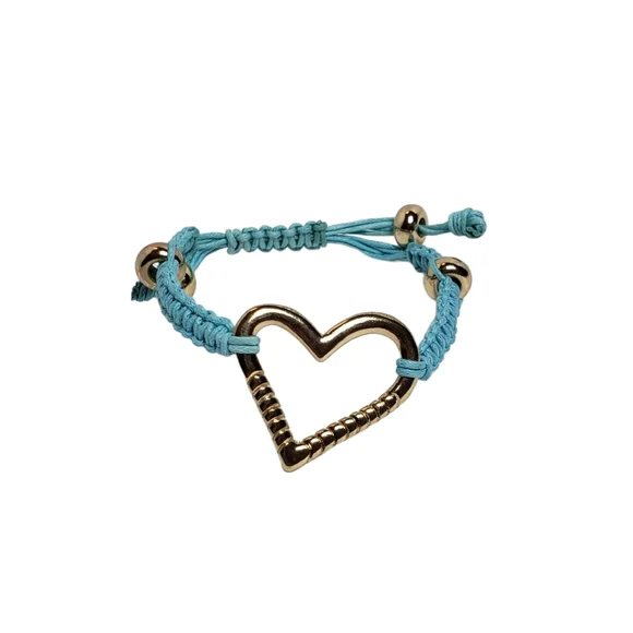 Macrame Bracelet with Heart Charm Blue Wax Cord Gold tone - Picture 9 of 9